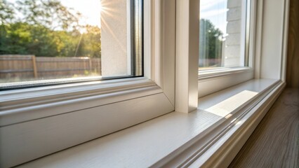 Aufkleber - An intricate shot of the interior view of a new window frame highlighting the seamless integration of the trim and an expertly filled gap with sunlight illuminating the area.