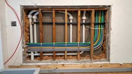 Aufkleber - An intricate view of a patch of drywall away revealing an array of utility pipes and wires juxtaposing the raw efficiency of utility with the planned order of the living space.