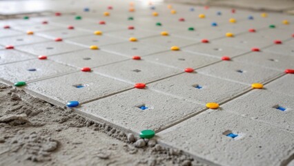 Aufkleber - An intricate view of the floor surface showing a textured layer of mortar spread evenly dotted with small tile spacers their bright colors contrasting against the gray substrate.