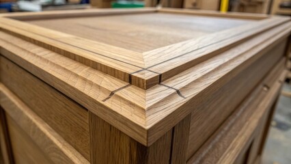 Poster - An intricate closeup of a wooden cabinet joint where two pieces of timber meet showcasing the precise craftsmanship with faint tool marks still visible in the grooves.