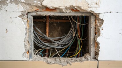Poster - An intricate display of electrical wires emerging from a rough opening in the wall framed by peeling paint and a dustfilled gap that speaks of renovation chaos.