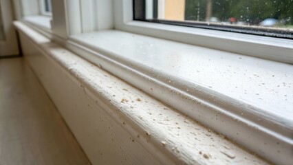 Aufkleber - An intimate view of the window sill reveals tiny flecks of dust and paint remnants juxtaposed with the flawless white caulking that rejuvenates the space.