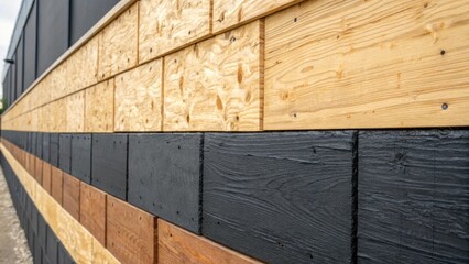 Poster - An intimate view of the wall displays sections of rugged plywood interspersed with dark waterproofing membrane emphasizing the contrast between natural wood grain and synthetic
