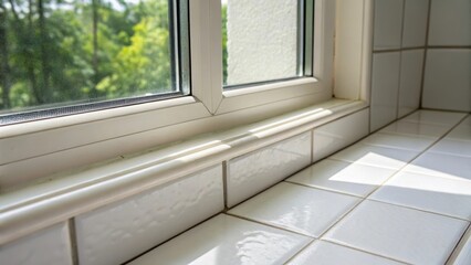 Poster - An intimate view of the intersection between the tiles and window where fresh grout forms a seamless barrier accented by the soft glow of natural light streaming through.