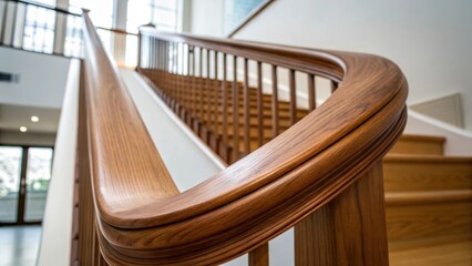 Poster - An image of a spindled railing focusing on the smoothness of the wood that leads down the staircase its curves flowing gracefully against the backdrop of the newly renovated space.