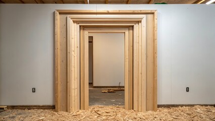 Poster - An installation of the doorway frame reveals a trio of vertical boards neatly aligned yet unpainted. The natural imperfections in the wood lend an organic feel while small shavings