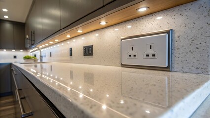Aufkleber - An image highlighting a USBintegrated electrical outlet seamlessly blended into a modern kitchen counter surrounded by shiny quartz and reflecting the soft glow of recessed