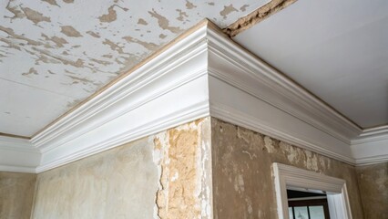 Aufkleber - An image focusing on the blending of new and old materials where a pristine white edge of the ceiling contrasts with worndown wall paint embodying the theme of renovation and