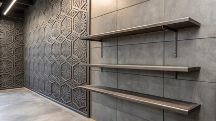 Poster - An industrialstyle wall in slate gray boasts intricately designed linear outs offering an edgy backdrop for sleek metallic floating shelves.