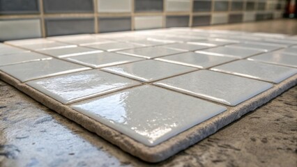 Poster - An image focusing on a singular tile its glossy surface reflecting light surrounded by meticulously sealed edges of soft gray grout that draw the eye to its flawless finishing.