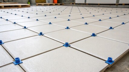 Aufkleber - An image highlighting the craftsmanship involved in laying largeformat tiles where the smooth surface is interrupted by small plastic spacers demonstrating the focus on symmetry.