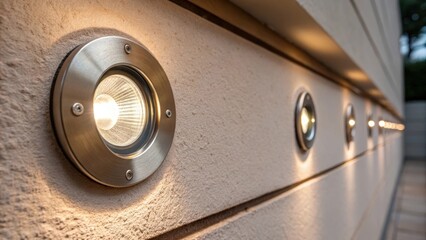 Poster - An extreme closeup of the recessed lights rim against the wall emphasizing the contrast between the metallic finish and the soft muted color of the surface.