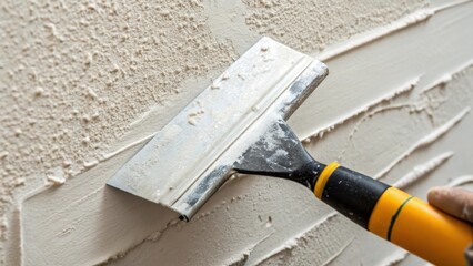 Aufkleber - An extreme closeup displaying the finely applied joint compound on drywall emphasizing the precision of the tool used to create a flawless surface.