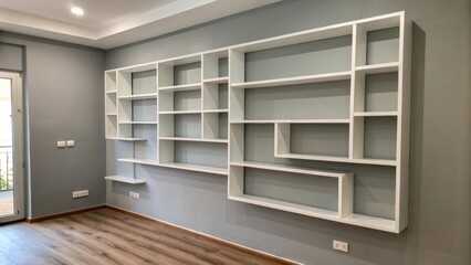 Aufkleber - An empty wall painted in soft gray with a variety of minimalist shelves laid out in different sizes displaying a harmonious balance of shape and form.
