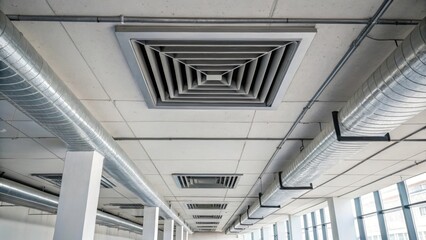 Poster - An engaging perspective of exposed ventilation grills integrated within the ductwork echoing minimalist design principles while the surrounding surfaces remain stark and unadorned.