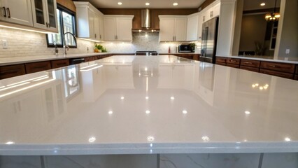 Aufkleber - An expansive kitchen countertop the clean glossy finish illuminated by soft overhead lighting its surface perfectly devoid of any items emphasizing its preparation for tile work.