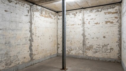Fototapete - An empty corner of the room where concrete meets a single steel support beam the texture of the wall revealing patches of previous paint.