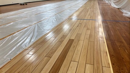 Poster - A newly laid floor showing the contrast between the finished planks and the unfinished spaces still covered in protective plastic sheeting.