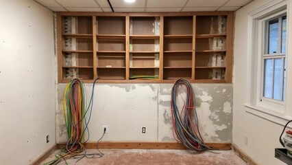 Aufkleber - An empty wall is prepped for new cabinetry with patches of spackle visible where old shelves once hung. Behind a tangle of multicolored wires dangles revealing the potential for