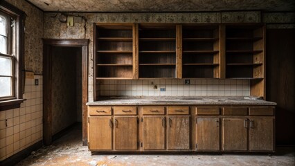 Fototapete - An empty kitchen space with aged wooden cabinetry the doors slightly ajar revealing empty shelves coated in dust while the tiled backsplash shows signs of water damage.