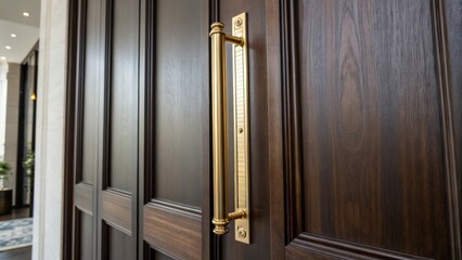 Poster - An elongated vertical door pull in polished brass mounted on a tall dark wood door creating a dramatic and elegant focal point.