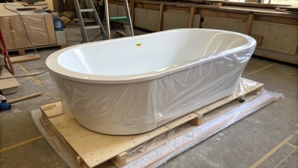 Aufkleber - An elegant bathtub still wrapped in protective layers showcases its clean lines and luxurious finish with construction materials tered around hinting at the ongoing renovation.
