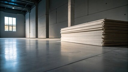 Poster - An atmospheric perspective focusing on the stark contrast between a pile of drywall sheets and the smooth empty floor beneath with subtle lighting creating a serene ambiance.