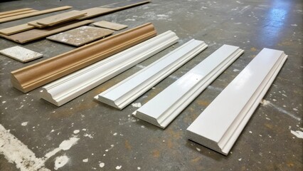 Aufkleber - An assortment of baseboards in various sizes is strewn across a concrete floor showcasing chipped corners and flecks of white paint that hint at previous decor.