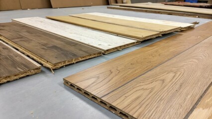Aufkleber - An assortment of halfmissing laminate boards emphasizing the uneven s and frayed edges that tell a story of past installations.