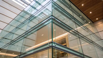 Poster - An artistic view of glass panels stacked in a corner capturing their transparency and allowing glimpses of tered interior elements peeking through.