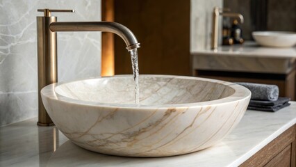 Aufkleber - An artistic waterfallstyle faucet pouring water over a smooth round sink made of white marble with natural ing that adds a touch of sophistication to the space.