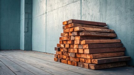 Aufkleber - An artistic perspective of a leaning stack of timber the warm hues of the wood creating a contrast with the cool muted color of the surrounding wall evoking a sense of unfinished