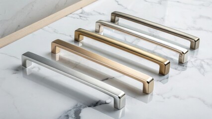 Leinwandbilder - An artistic display of recessed handles in various widths each reflecting a different light gradient set against a pure white marble backdrop emphasizing contrast and elegance.