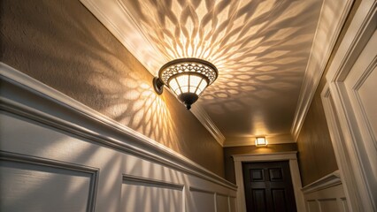 Fototapete - A narrow angle view showcasing the glow spilling from a recessed light fixture casting playful shadows on adjacent walls.