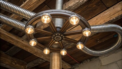 Poster - An array of metallic conduits encircling an industrial lighting fixture their threaded connections glinting against the backdrop of a worn wooden beam.