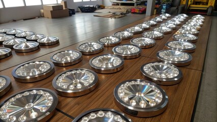 Poster - An array of polished glass components in various sizes reflecting light creates a dazzling pattern on the wooden floor indicating a sophisticated lighting fixture yet to be put