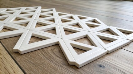 Poster - An arrangement of white tile spacers randomly p on the wood floor with some leaning against each other showcasing their geometric shapes.