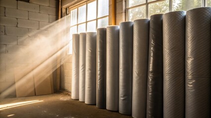 Poster - An array of insulation rolls leaning against the wall the seams on their protective covers hinting at careful handling while dust motes float lazily in the sunbeams streaming
