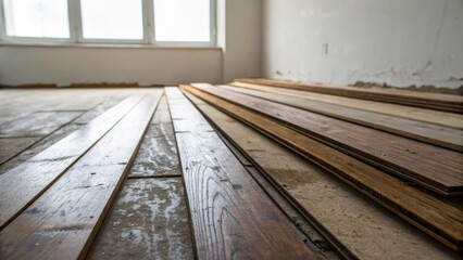 Poster - An arrangement of discarded laminate planks their surfaces dulled and stained contrasted against a backdrop of soft white light filtering through a nearby window.