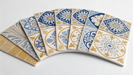 Poster - An array of delicate porcelain tiles featuring handpainted designs intricately arranged in a fan shape showcasing shades of blue and gold against a stark white background.