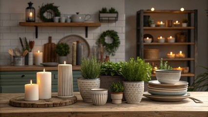 Aufkleber - An array of decorative kitchen artifacts such as potted herbs bask in the soft light below creating a cozy and inviting atmosphere in the space.