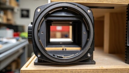 Poster - An aperture view featuring a small opening where a shelf connects to its support showing the careful craftsmanship needed for the alignment.