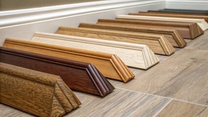 Poster - An arrangement of baseboards overlapping each other the different layers producing contrasting textures and a warm visual palette that speaks to potential transformations.