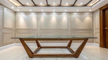 Aufkleber - An architectural detail captures the junction where the ceiling track meets the wall with recessed lights shining down on a modern minimalist coffee table made of glass and wood.