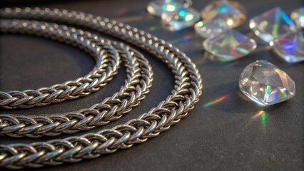 Aufkleber - An angle that captures the woven texture of a metallic chain partially coiled with vibrant reflections dancing off the nearby crystal pieces laid out in artistic disarray.