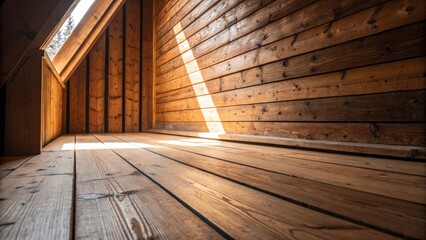 Poster - An angle shot showing a few wood planks slightly askew with light streaming in to accentuate the rich tones and the unfinished look of the room.