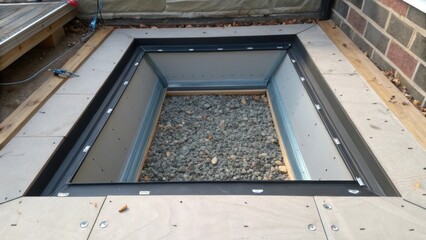 Poster - An angle shot showcasing the depth of the skylight installation niche where protective sheeting outlines the space revealing the gravel and construction debris on the floor.
