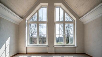 Poster - An angle highlighting the symmetry of two adjacent large windows casting balance and light into the room surrounded by clean edges of freshly textured walls.