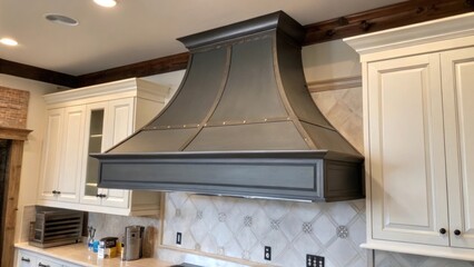 Aufkleber - An angle shot of the kitchen hood vent reveals its sleek profile juxtaposed with the raw edges of freshly painted cabinetry creating anticipation for the complete transformation of