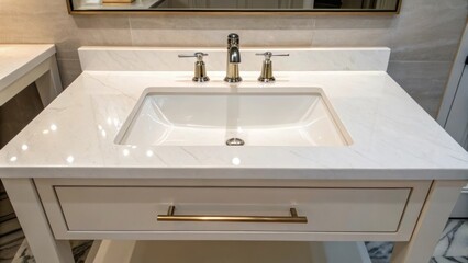 Poster - A modern sink vanity features clean lines and minimalist design with a seamless sink integrated into a lustrous surface that reflects light beautifully.